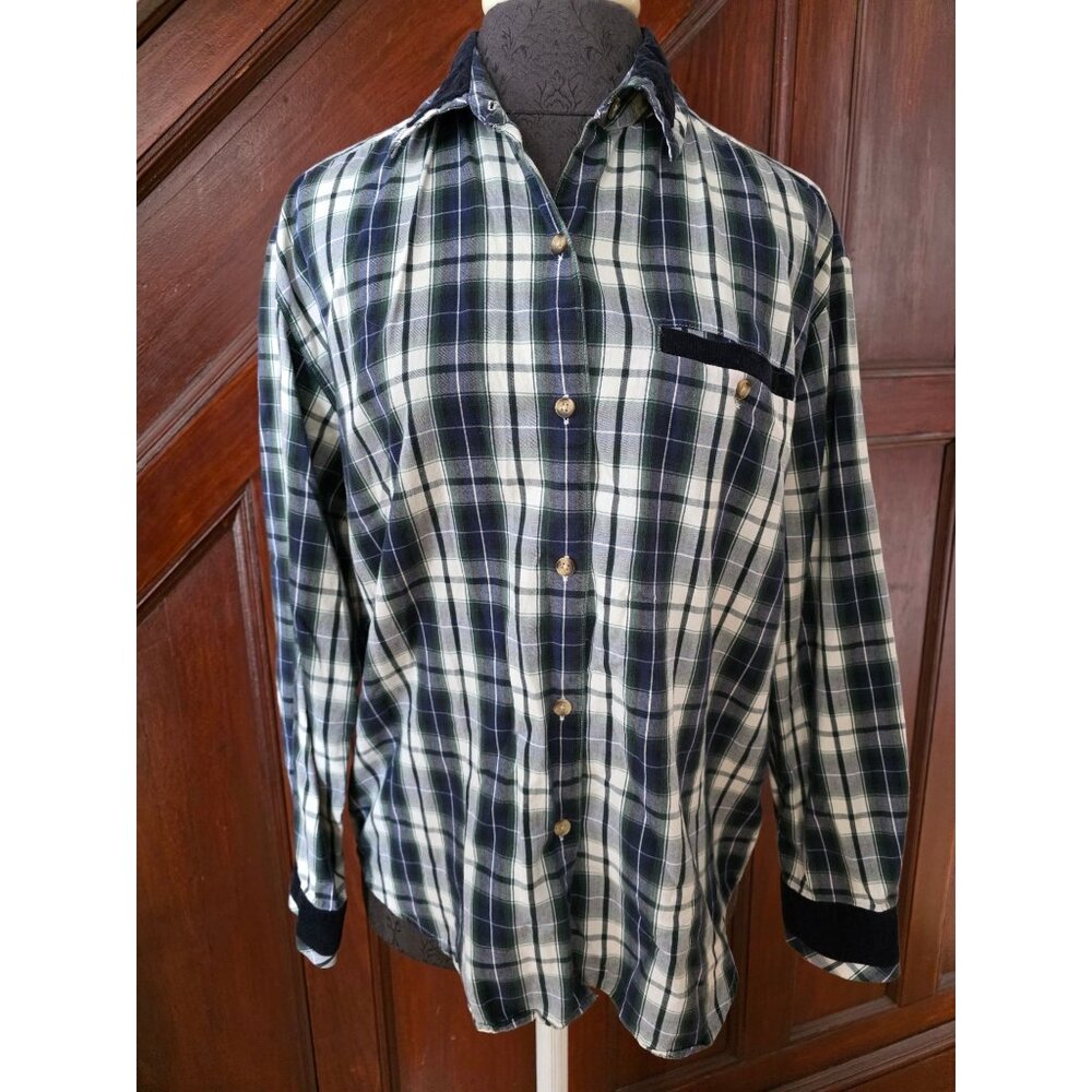 Talbots Womens Plaid Button-Up Shirt S Green & Navy Corduroy Accents